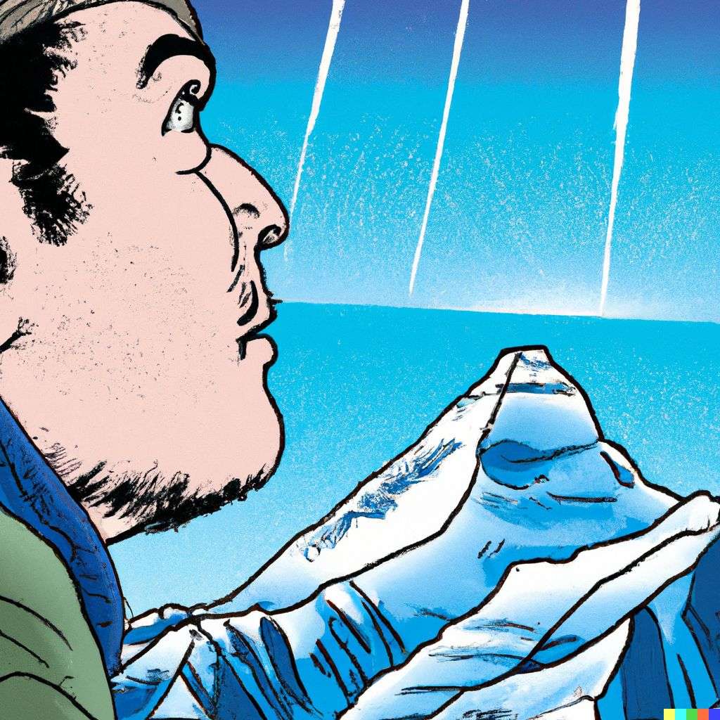 someone gazing at Mount Everest, comic book drawing